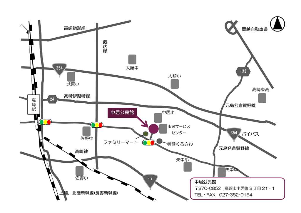 高崎市中居公民館　玄関前（屋外）　※雨天の場合は、駐輪場や屋内に変更への地図