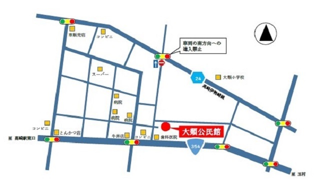 大類公民館　駐車場（雨天の場合　1階　実習室）への地図